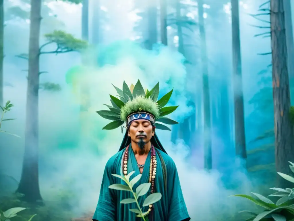 Un chamán meditando en un bosque místico, sosteniendo sálvia divinorum