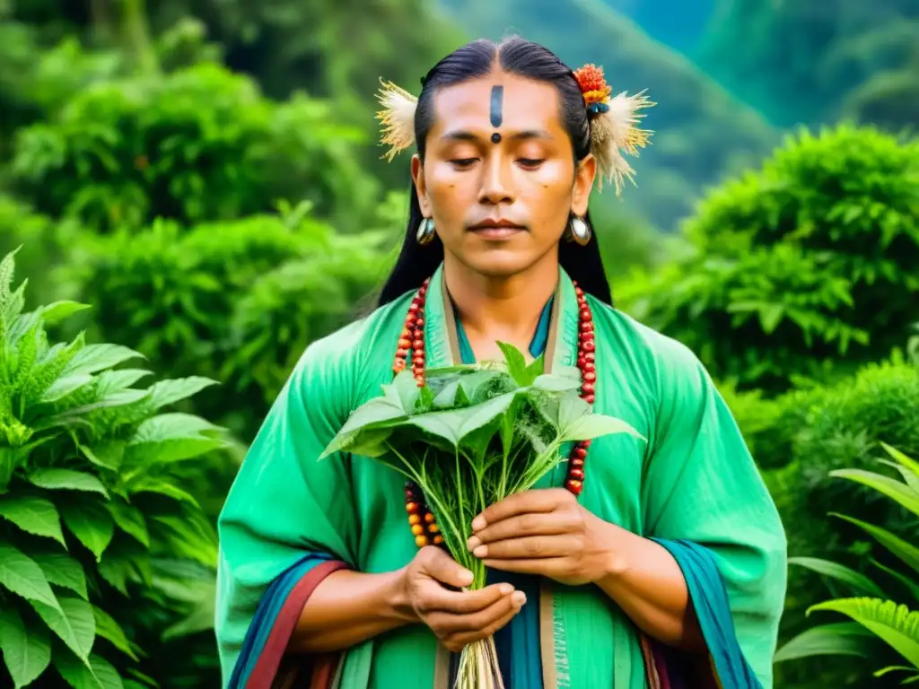 Un chamán realiza un ritual rodeado de exuberante vegetación y plantas medicinales, conectando con la naturaleza