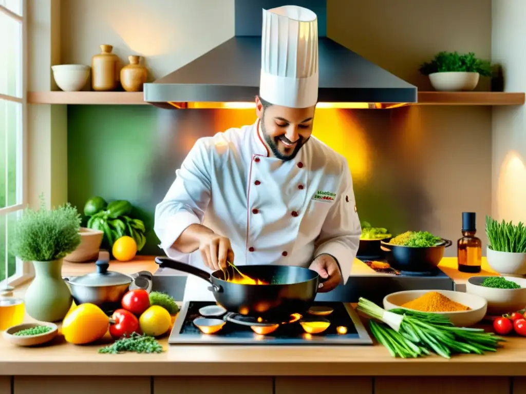 Un chef utiliza aceites esenciales para dar sabor a sus platos en una escena vibrante de cocina