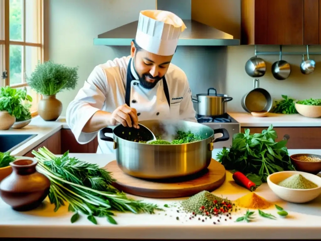 Un chef sazona con hierbas medicinales para cocinar en una cocina bulliciosa, con una atmósfera cálida y llena de vitalidad