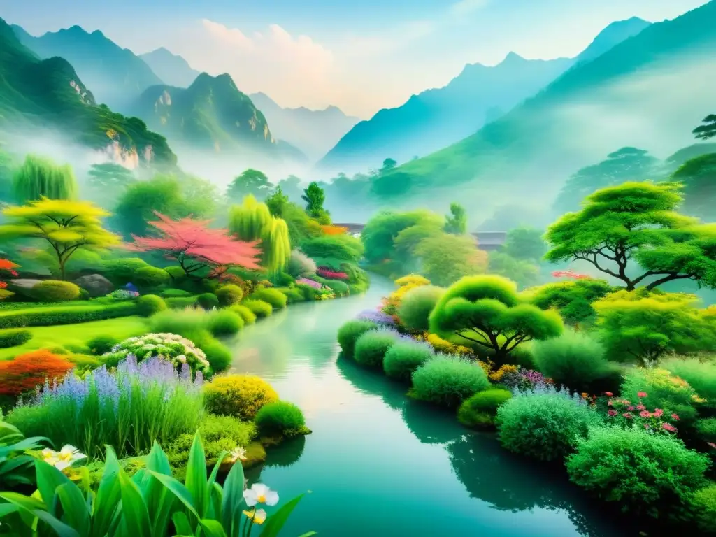 Un jardín herbal chino sereno, vibrante y exuberante con plantas medicinales