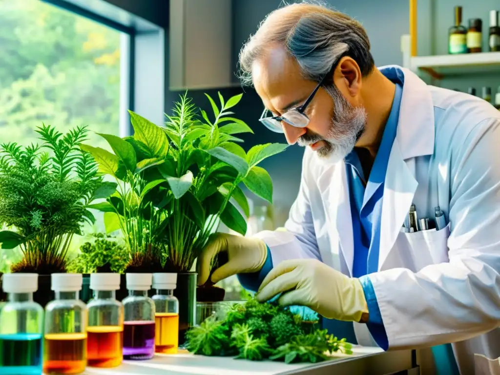 Un científico en bata de laboratorio extrayendo compuestos de plantas medicinales con precisión y dedicación