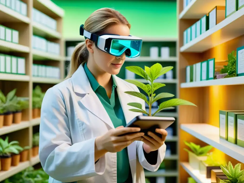 Un científico en bata de laboratorio usa gafas de realidad aumentada para estudiar una planta