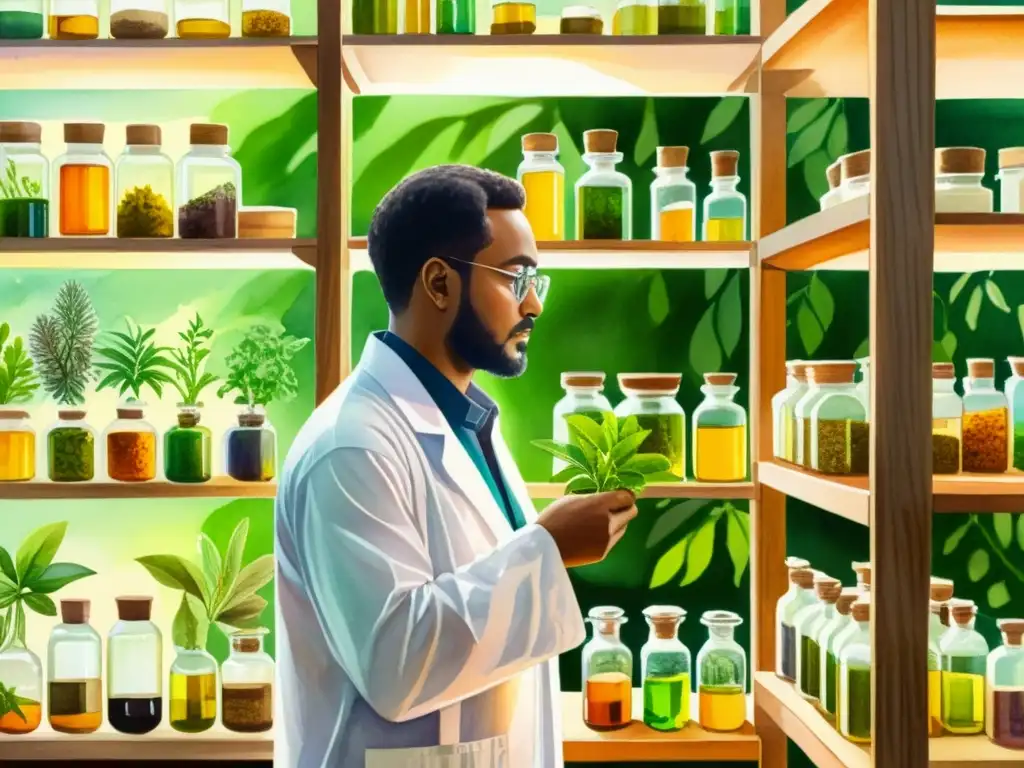 Un científico examina con precisión la calidad de extractos de plantas medicinales en un laboratorio soleado