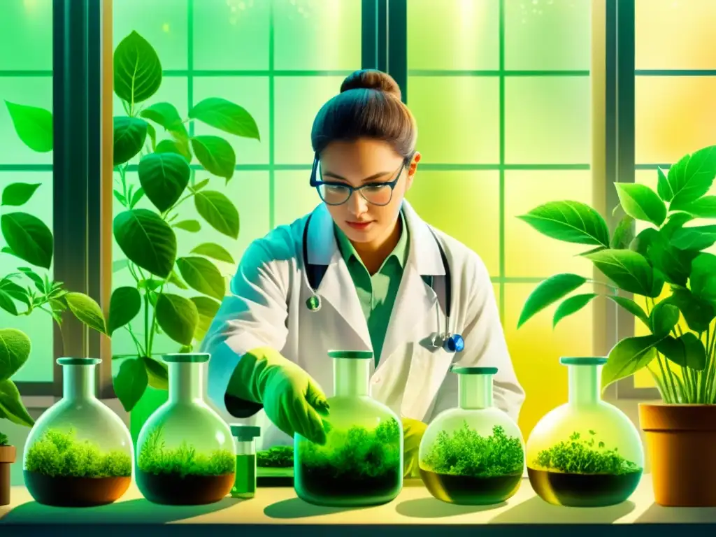 Un científico extrae compuestos de plantas medicinales verdes, con luz natural