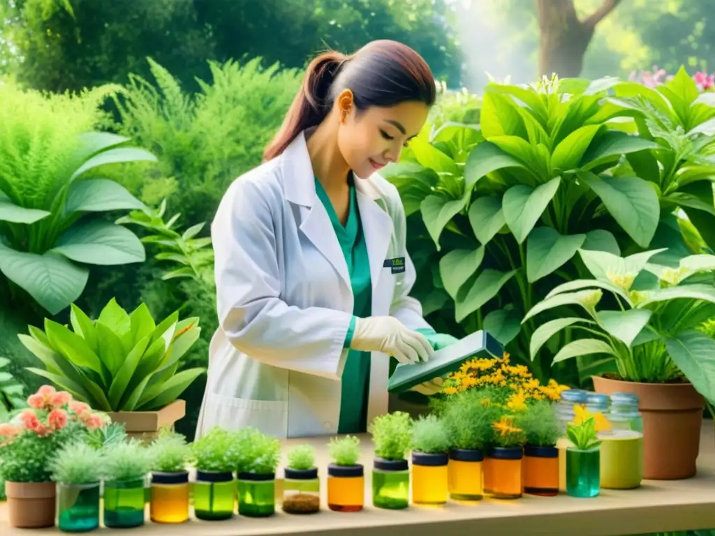 Un científico en un exuberante jardín botánico realiza la síntesis de fármacos de plantas medicinales