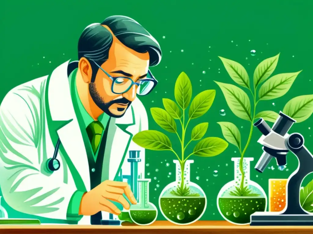 Un científico examina detenidamente una hierba verde bajo un microscopio en un laboratorio, rodeado de equipo científico y dibujos botánicos