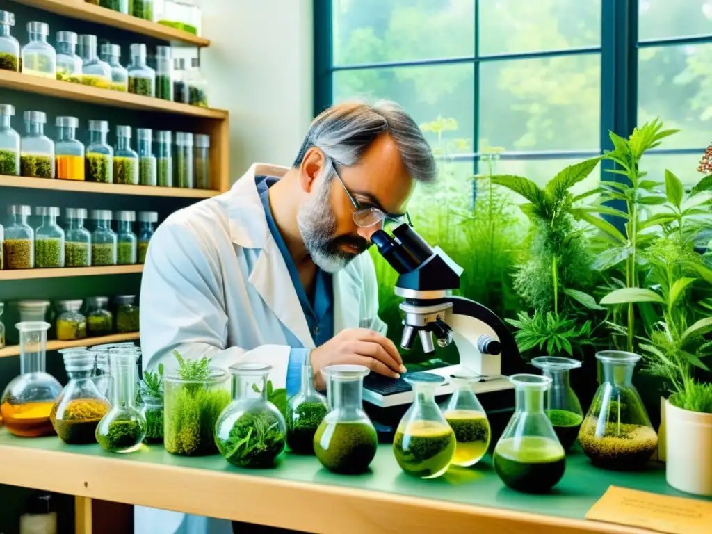 Un científico examina cuidadosamente hierbas y especímenes botánicos bajo un microscopio en un laboratorio, rodeado de equipo científico