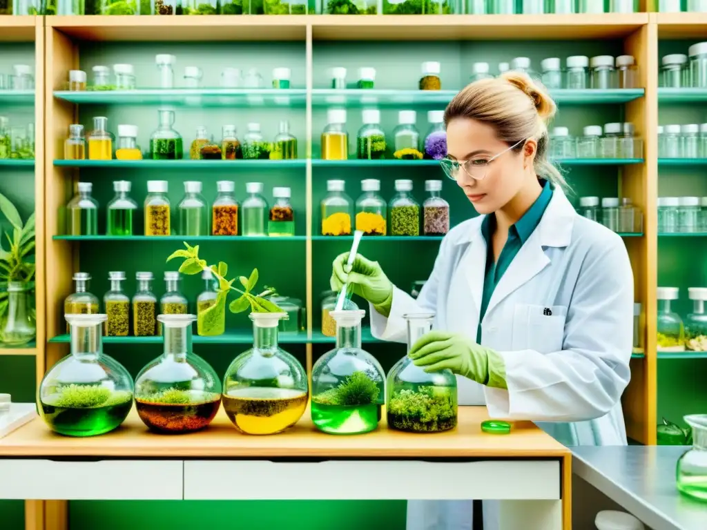 Un científico en un laboratorio examina y extrae compuestos de plantas medicinales