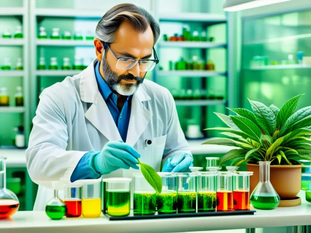 Un científico en un laboratorio moderno extrae compuestos bioactivos de vibrantes plantas medicinales