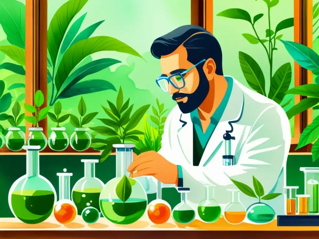 Un científico en un laboratorio de la selva amazónica, buscando nuevas moléculas medicinales con métodos avanzados de extracción