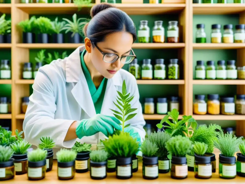 Un científico examina una planta bajo el microscopio en un laboratorio acogedor