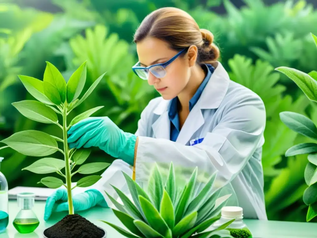 Un científico extrae principios activos de plantas medicinales con precisión en una acuarela detallada