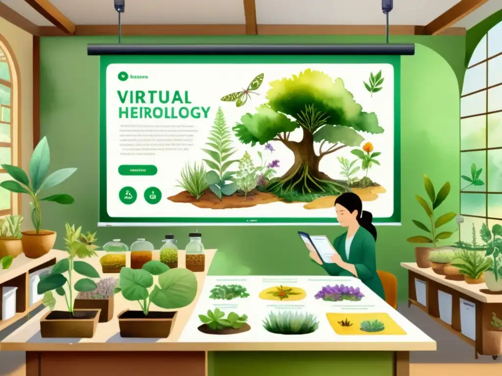 Clase virtual de herbolaria con ambiente sereno y participantes aprendiendo