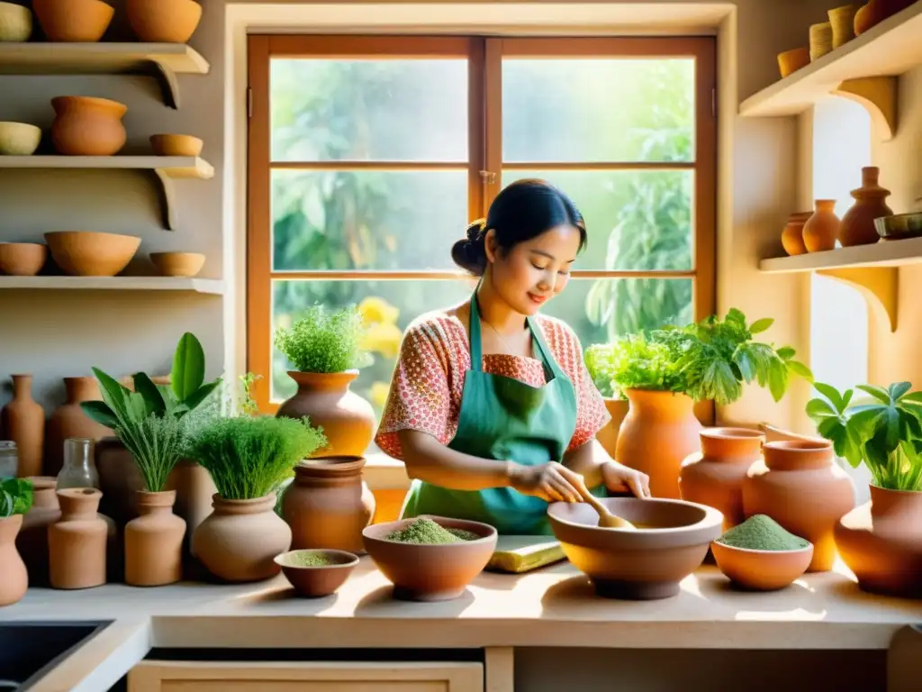 Una colorida escena de cocina tradicional con una mujer moliendo hierbas medicinales en un mortero grande, rodeada de plantas aromáticas