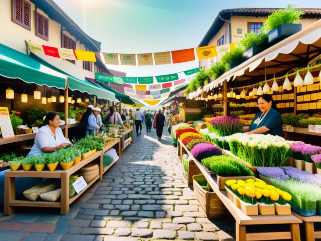 Colorida feria de plantas medicinales y etnobotánica regional con vibrantes ilustraciones acuarelas y bulliciosa atmósfera festiva