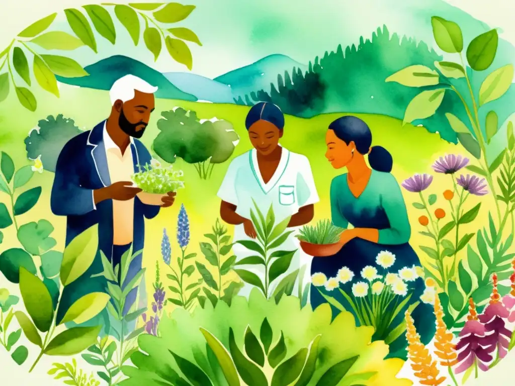 Colorida ilustración de fitoterapia con diversidad de personas en un jardín herbal promoviendo asociaciones y ética