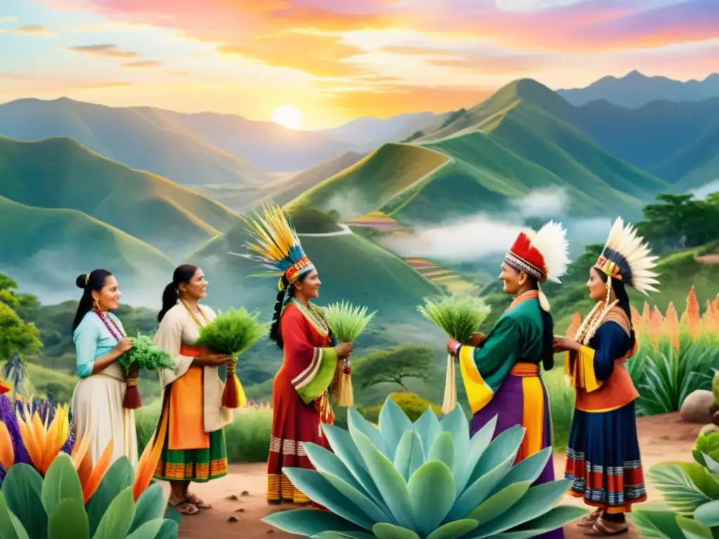 Ceremonia tradicional de indígenas con plantas medicinales Una colorida ilustración acuarela de un grupo de personas indígenas llevando a cabo una ceremonia tradicional, rodeados de exuberante vegetación