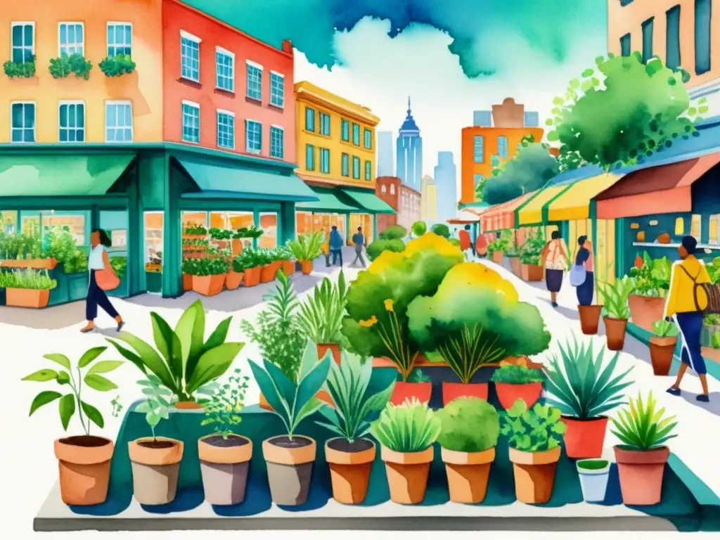 Colorida ilustración acuarela de plantas medicinales en ambiente urbano, mostrando su diversidad y vitalidad