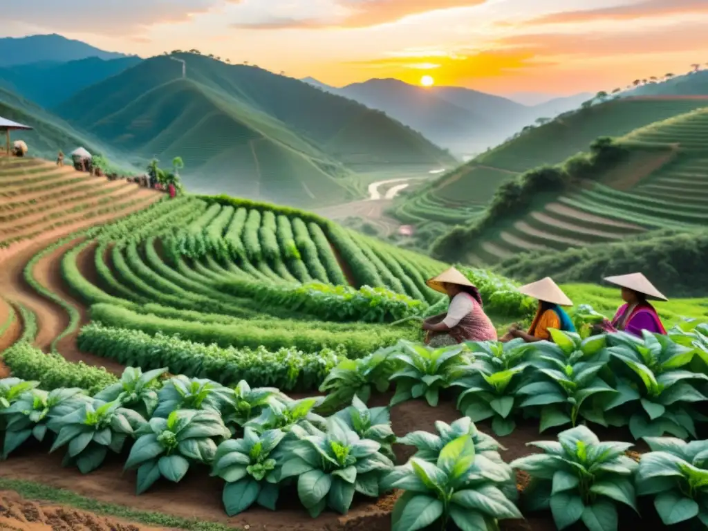 Una comunidad indígena cosecha albahaca sagrada al atardecer en un paisaje vibrante