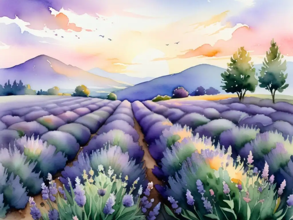 Cuadro acuarela: campo de lavanda al atardecer, con colores suaves y relajantes