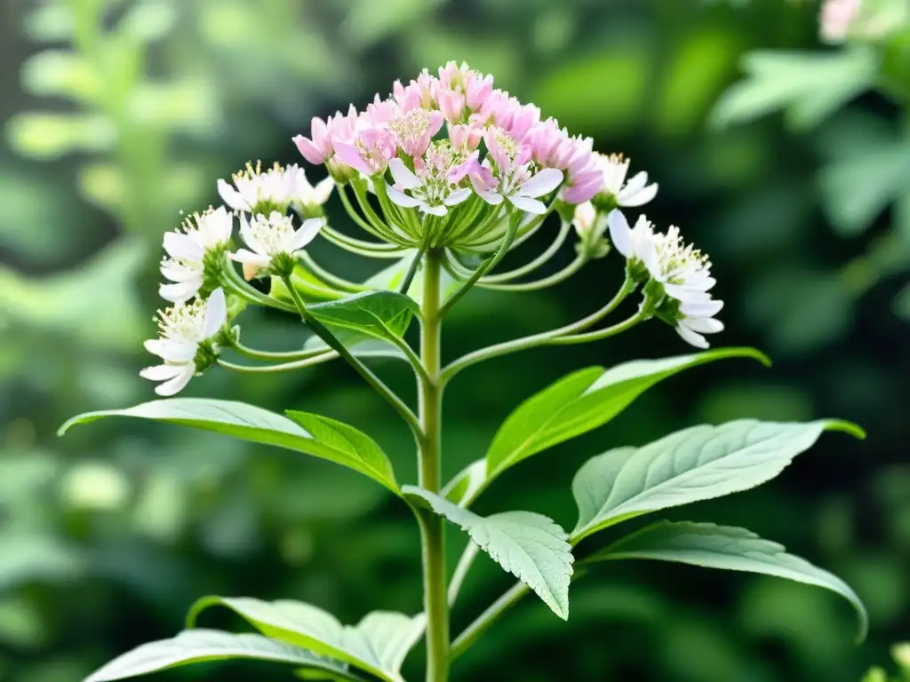 Cuadro acuarela detallado de una exuberante planta de valeriana, con flores blancas y rosadas entre hojas verdes