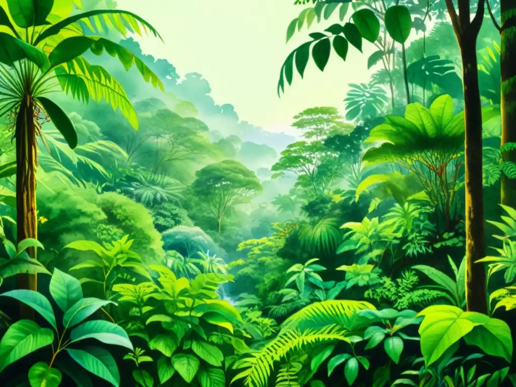 Pintura acuarela de selva exuberante con plantas medicinales Cuadro acuarela de exuberante selva con plantas medicinales