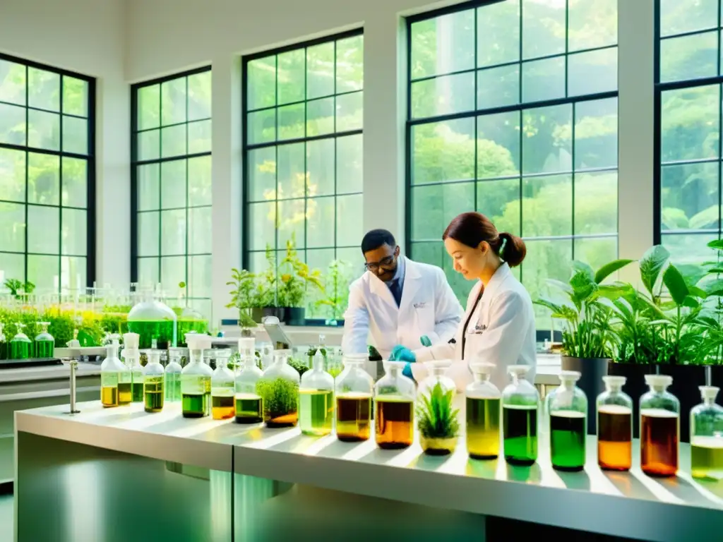 Un cuadro en acuarela muestra un laboratorio vibrante con científicos extrayendo compuestos medicinales de plantas