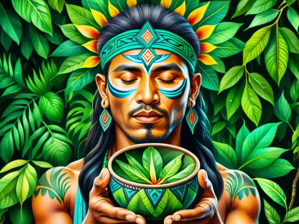 Cuadro detallado de chamán amazónico en ritual con ayahuasca, rodeado de exuberante vegetación y patrones coloridos