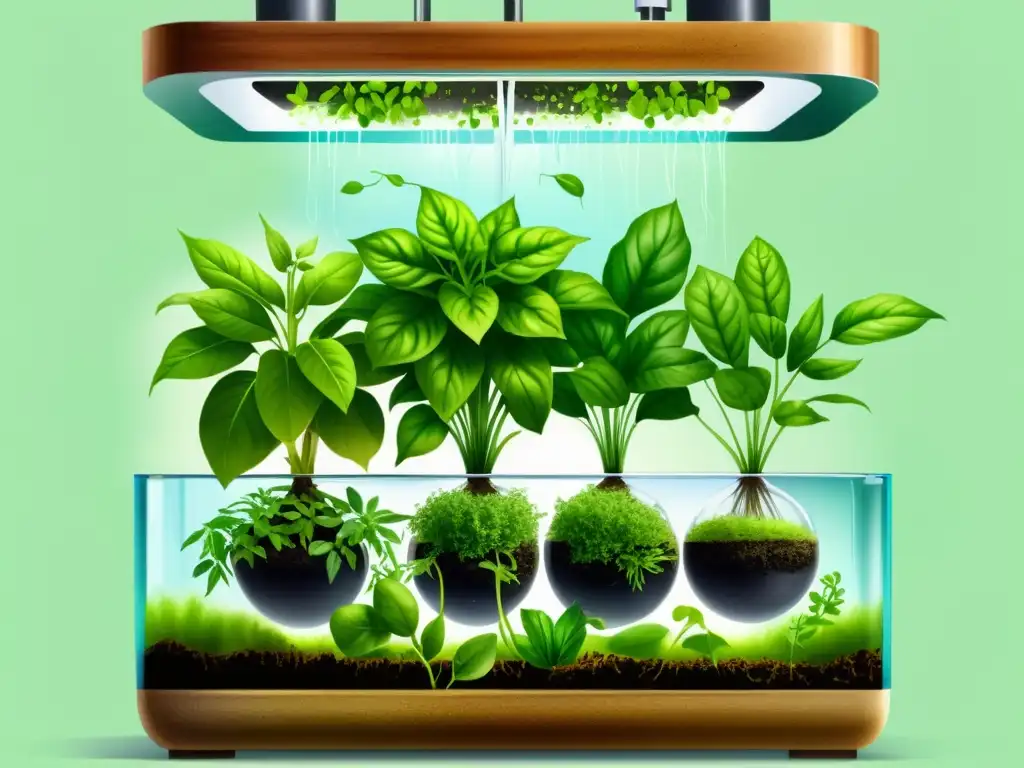 Cultivo de plantas medicinales en hidroponía: ilustración detallada de un sistema vibrante y sostenible, con plantas creciendo en solución nutritiva