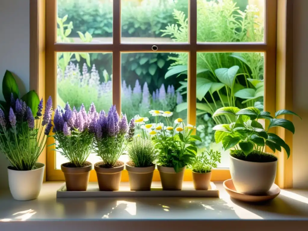 Cultivo de plantas medicinales en interiores, un jardín soleado con lavanda, manzanilla y menta en flor, iluminado por el sol a través de la ventana