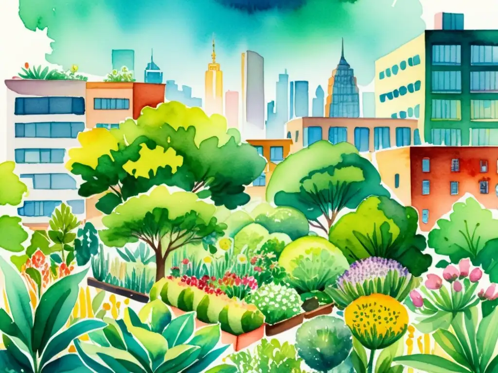 Cultivo de plantas medicinales en zonas urbanas: ilustración acuarela vibrante con jardines detallados entre edificios