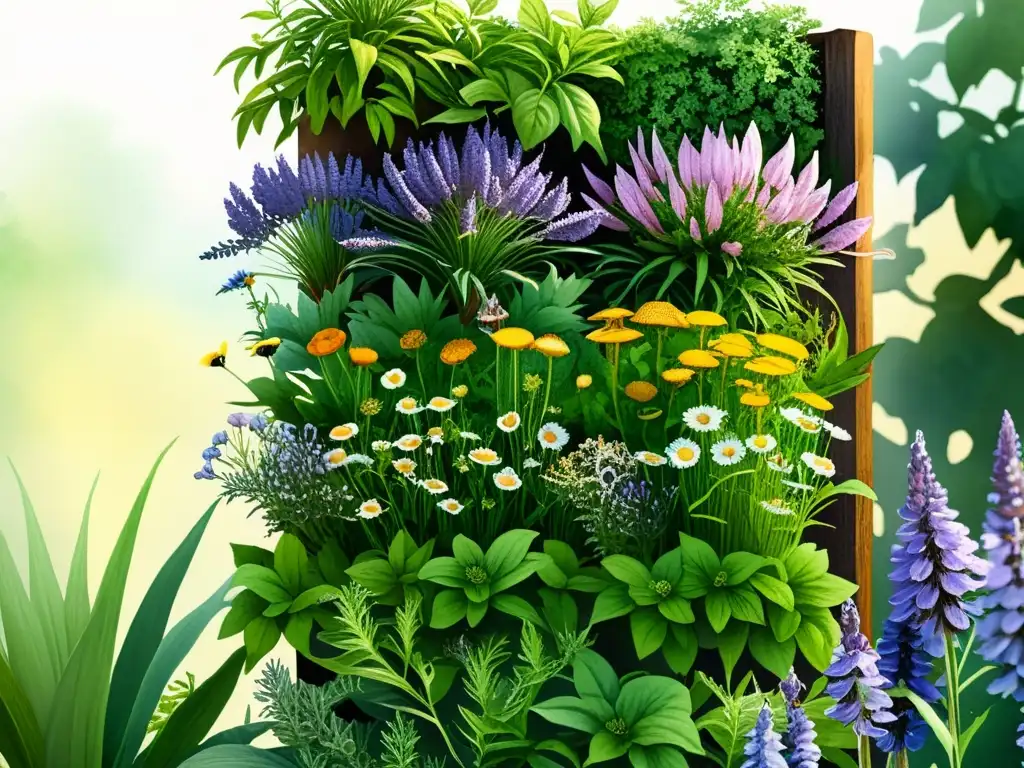 Cultivo vertical de plantas medicinales: Ilustración acuarela de exuberante jardín vertical con lavanda, manzanilla y equinácea en tierra fértil