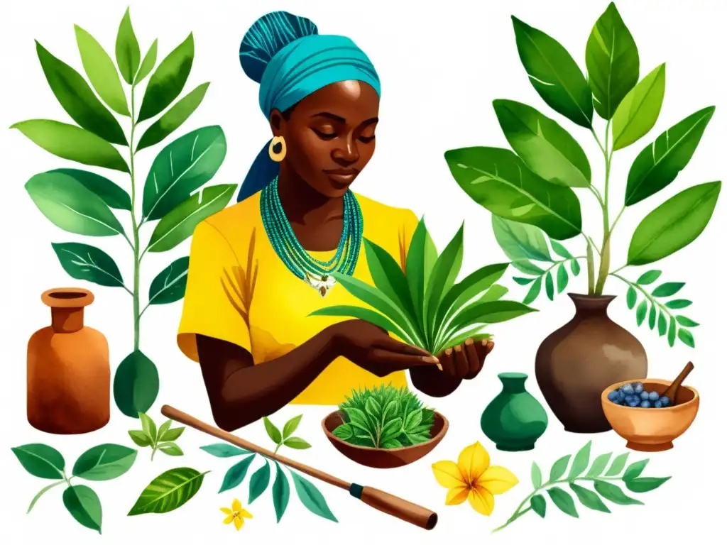 Un curandero africano selecciona cuidadosamente plantas medicinales en la exuberante naturaleza, reflejando la conexión con la tierra y su cultura