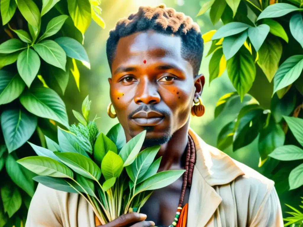 Ilustración acuarela de curandero africano rodeado de exuberante vegetación, sosteniendo hierbas y raíces vibrantes