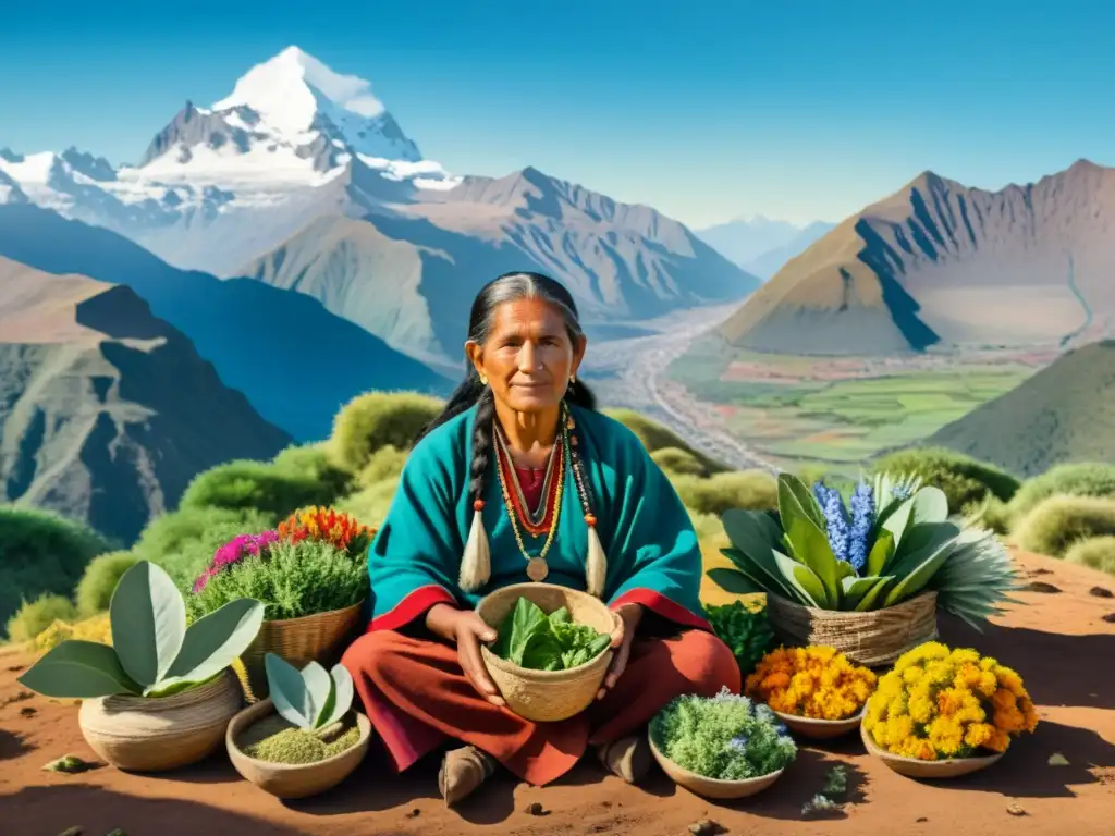 Un curandero andino rodeado de plantas medicinales, realizando un ritual de sanación en las montañas