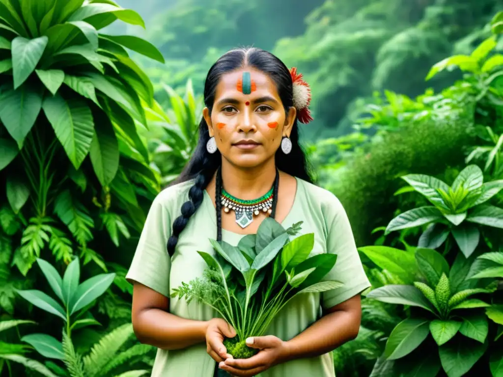 Un curandero maya en la selva con plantas medicinales, realizando una ceremonia de sanación