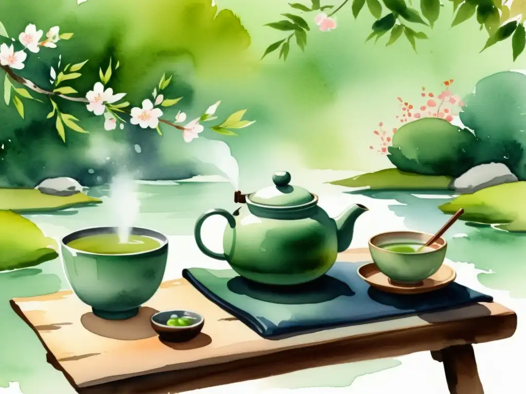 Delicada ceremonia del té japonés en un jardín tranquilo con te verde