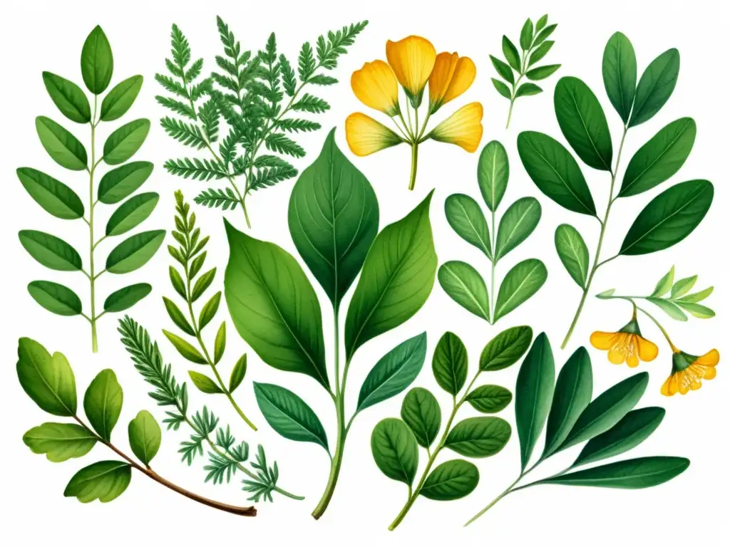 Una delicada ilustración acuarela de hierbas vibrantes como ginseng, ginkgo biloba y romero