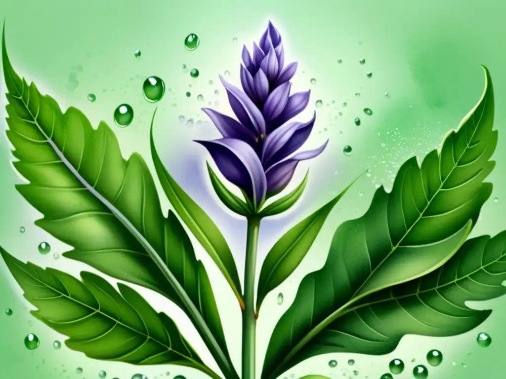 Un delicado ilustración acuarela de una flor de lavanda rodeada de hojas verdes y gotas de rocío, capturando la belleza botánica natural y las propiedades relajantes de la fitoterapia en el contexto de la innovación cosmética