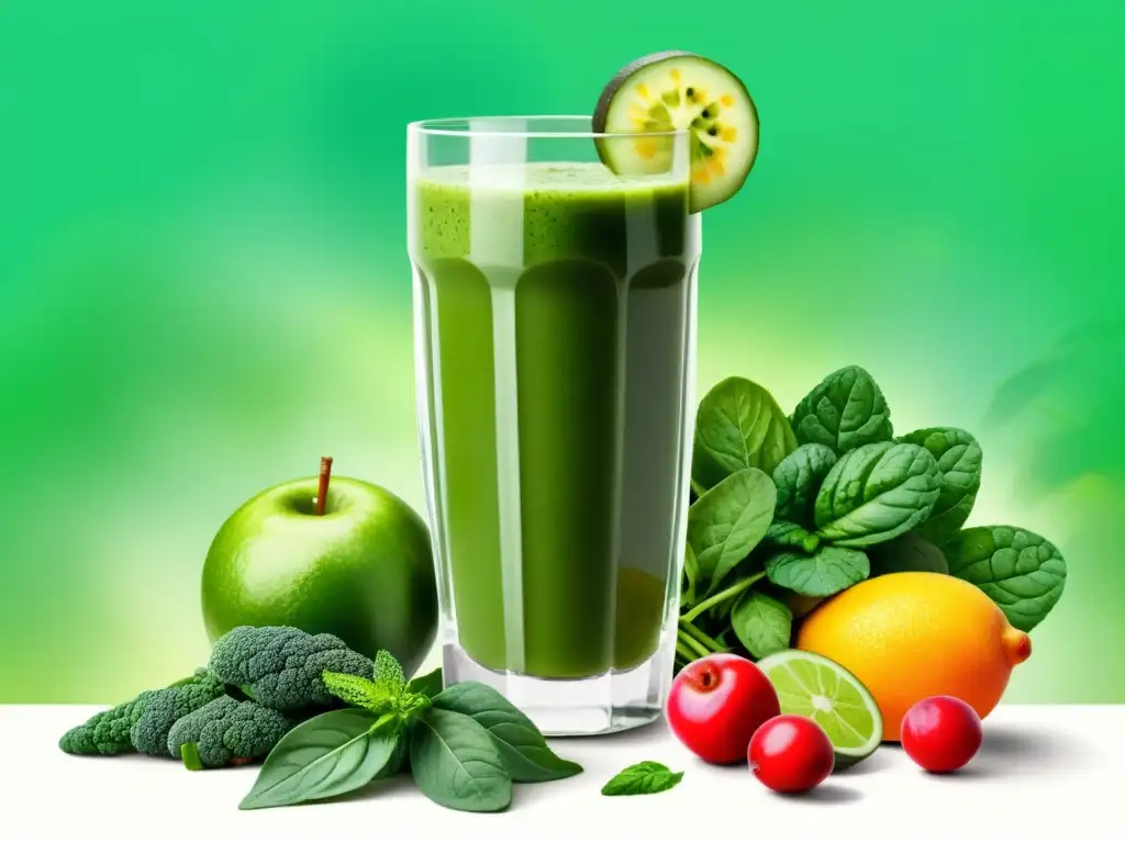 Delicioso batido verde rodeado de ingredientes frescos en una ilustración acuarela vibrante, evocando salud y vitalidad