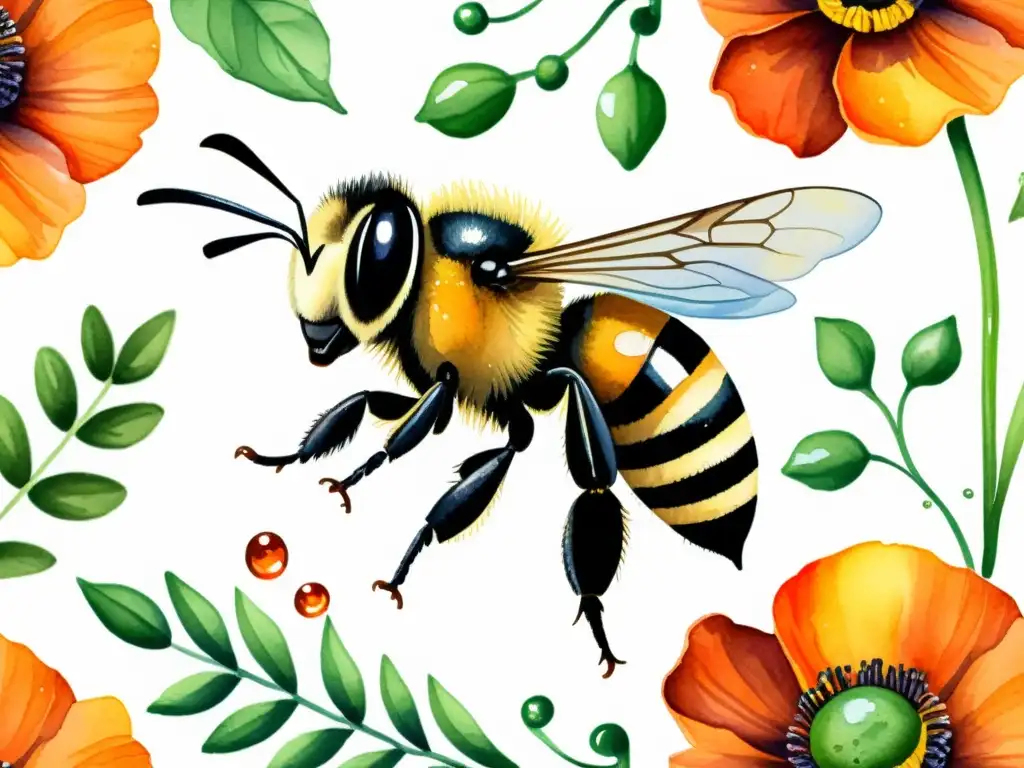 Detallada ilustración acuarela de abeja recolectando propóleo en un ambiente natural de flores y vegetación vibrante