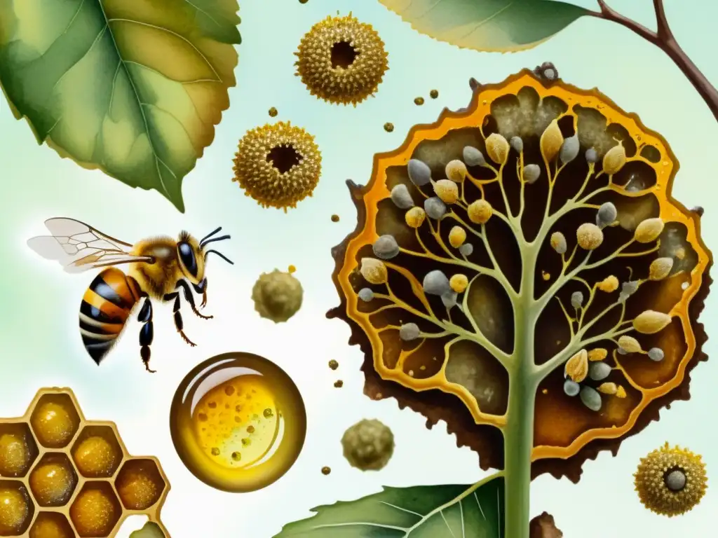 Detallada ilustración acuarela de abeja recolectando resina de álamo para crear propóleo, con propiedades antimicrobianas contra bacterias y virus