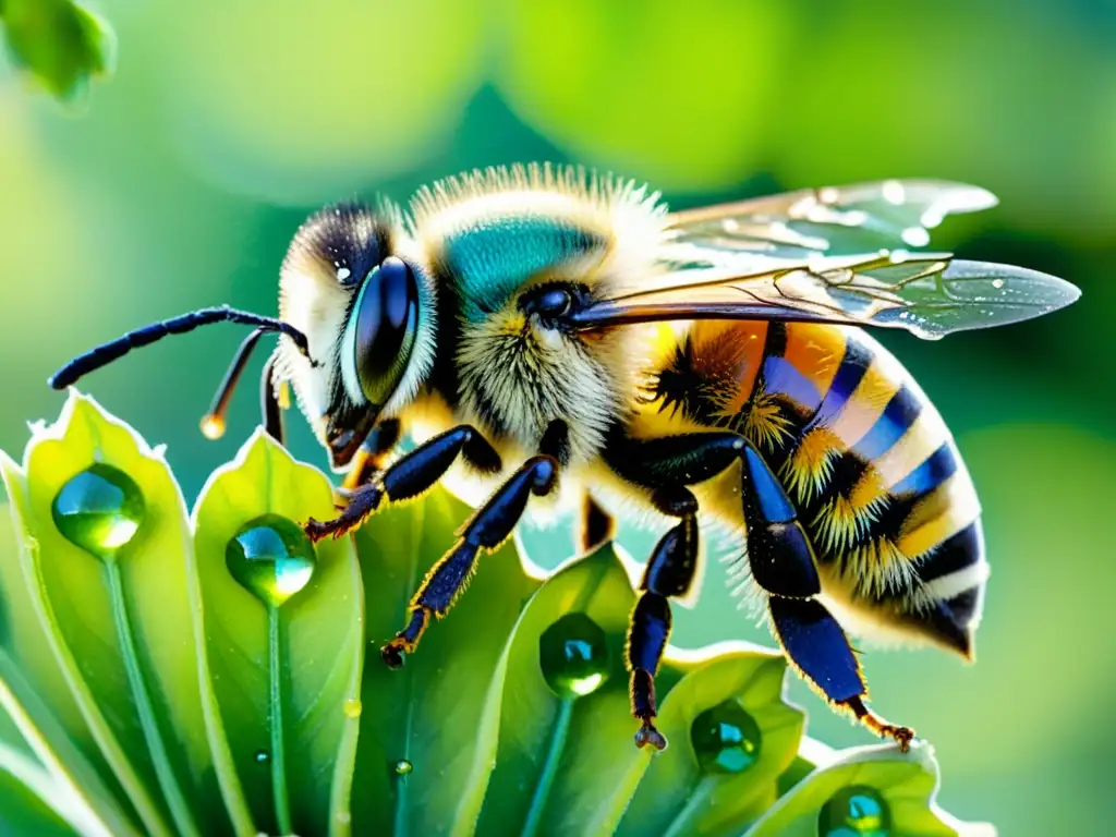 Detallada acuarela de una abeja recolectando propóleo en un árbol vibrante