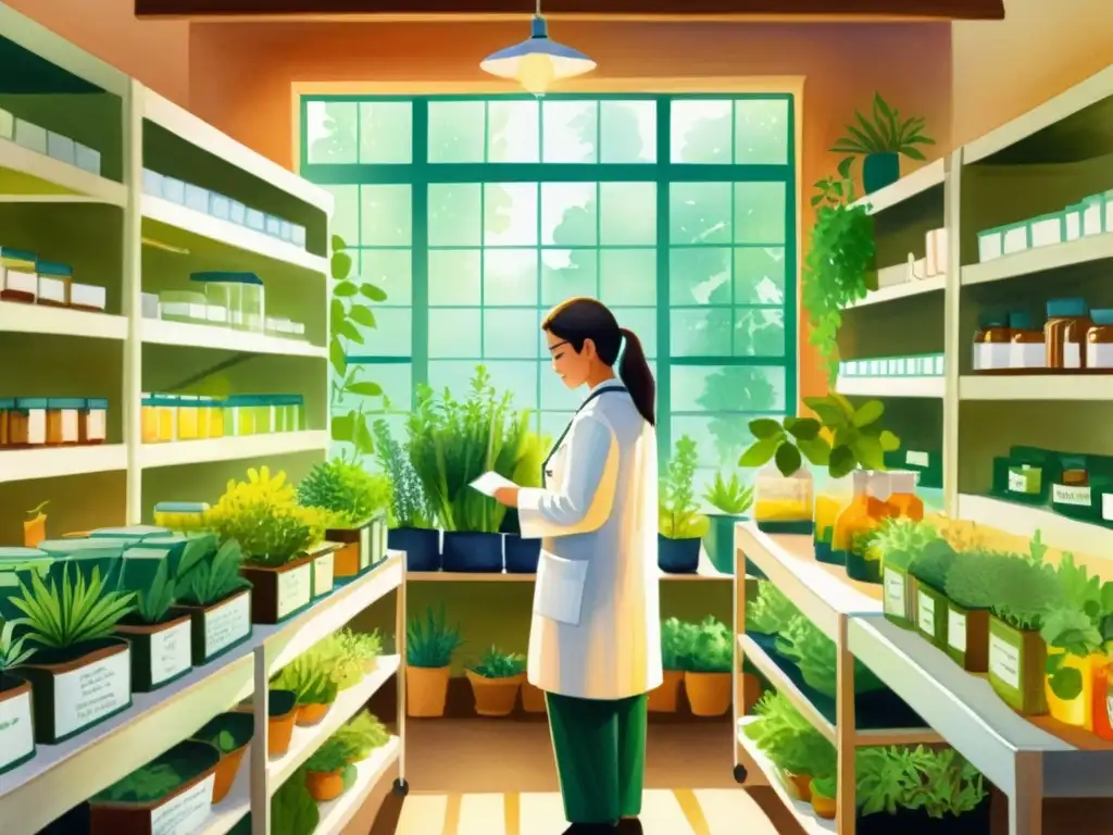 Un ilustración detallada en acuarela de un almacén lleno de estantes con plantas medicinales, organizadas y etiquetadas