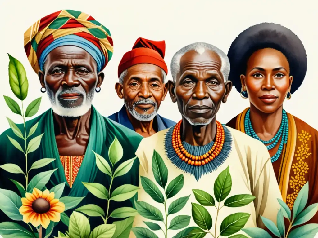 Ilustración detallada en acuarela de ancianos africanos con plantas medicinales