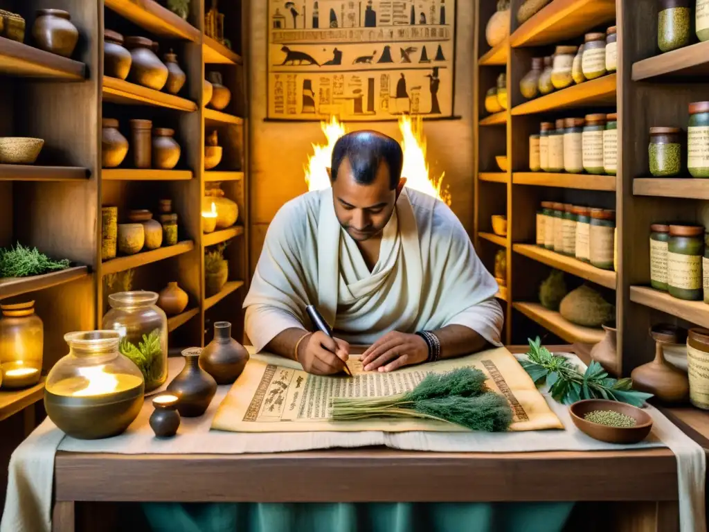 Un ilustración detallada en acuarela de un antiguo escriba egipcio registrando hierbas medicinales en un papiro, rodeado de frascos y hierbas secas