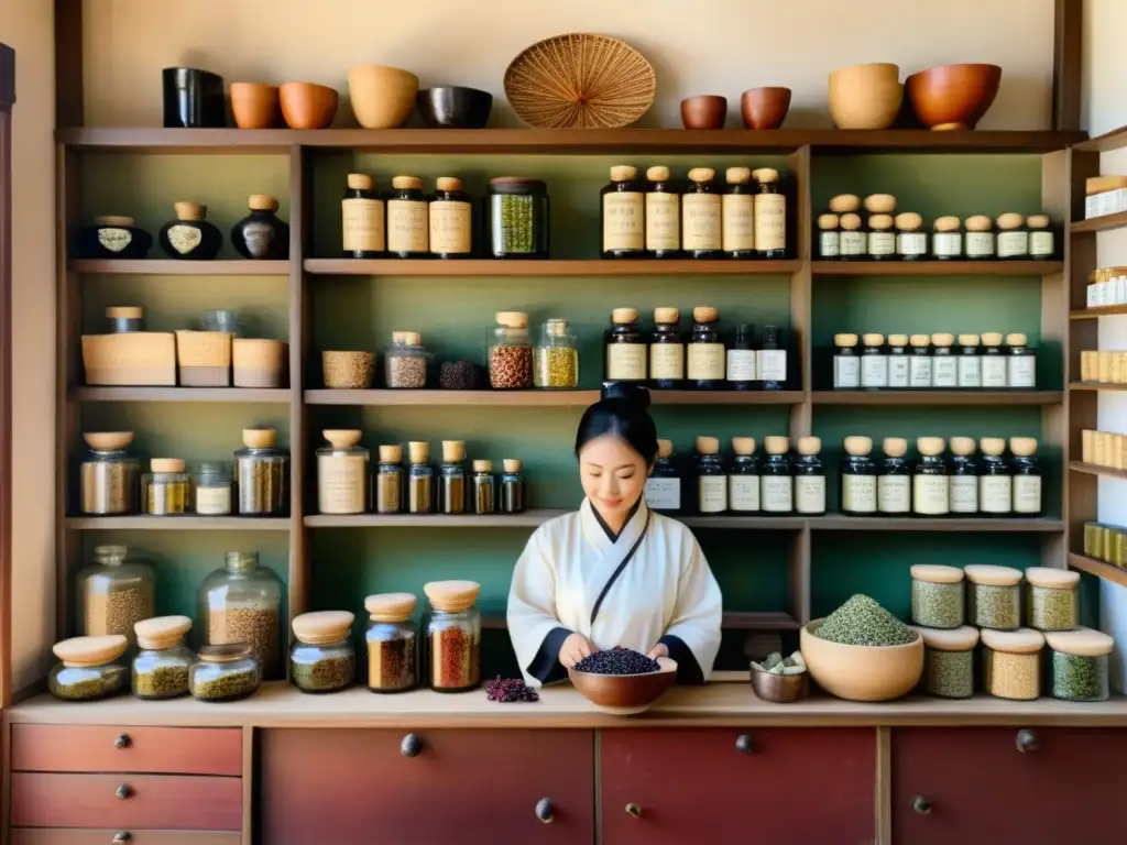 Detallada acuarela de una botica china tradicional con estantes de saúco y hierbas medicinales