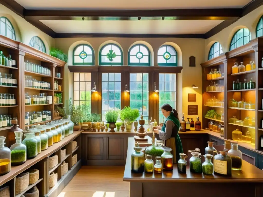 Apothecary del Renacimiento: Detalles vívidos de la vida científica Una detallada acuarela de una bulliciosa botica renacentista, llena de hierbas coloridas e instrumentos científicos