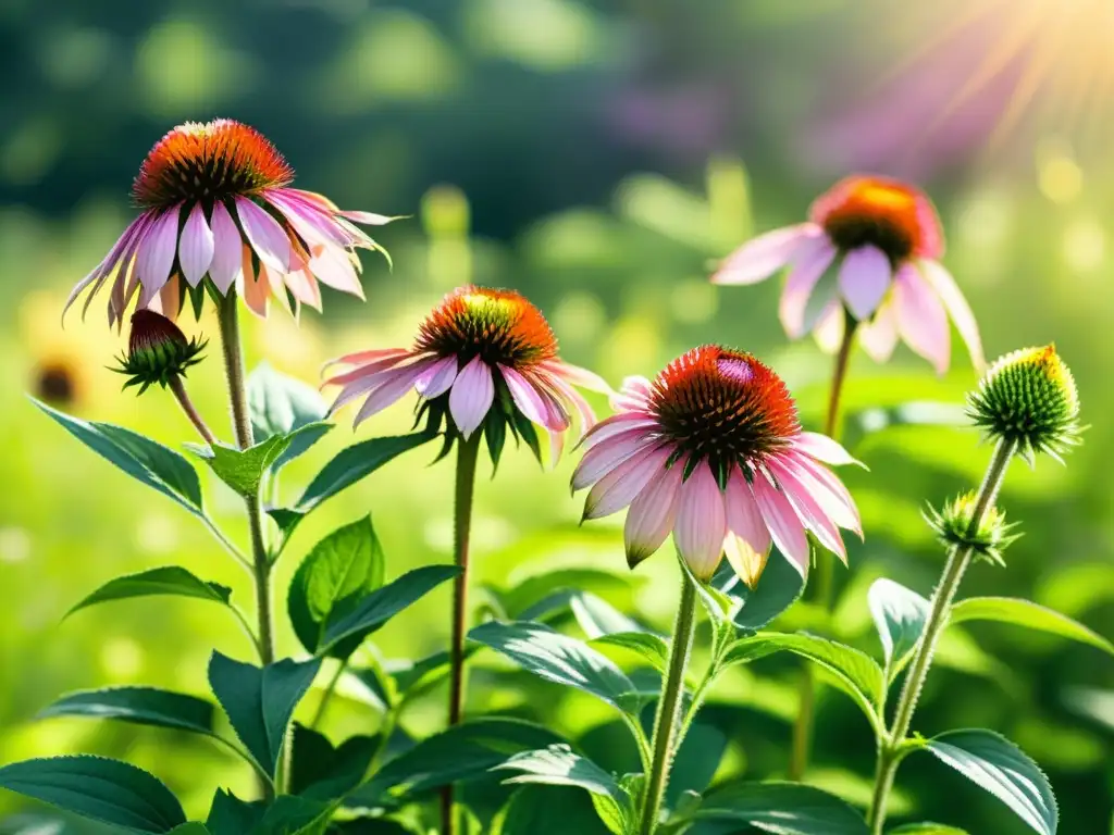 Detallada acuarela de un campo exuberante con coneflowers púrpuras orientales y hojas únicas de huang qi